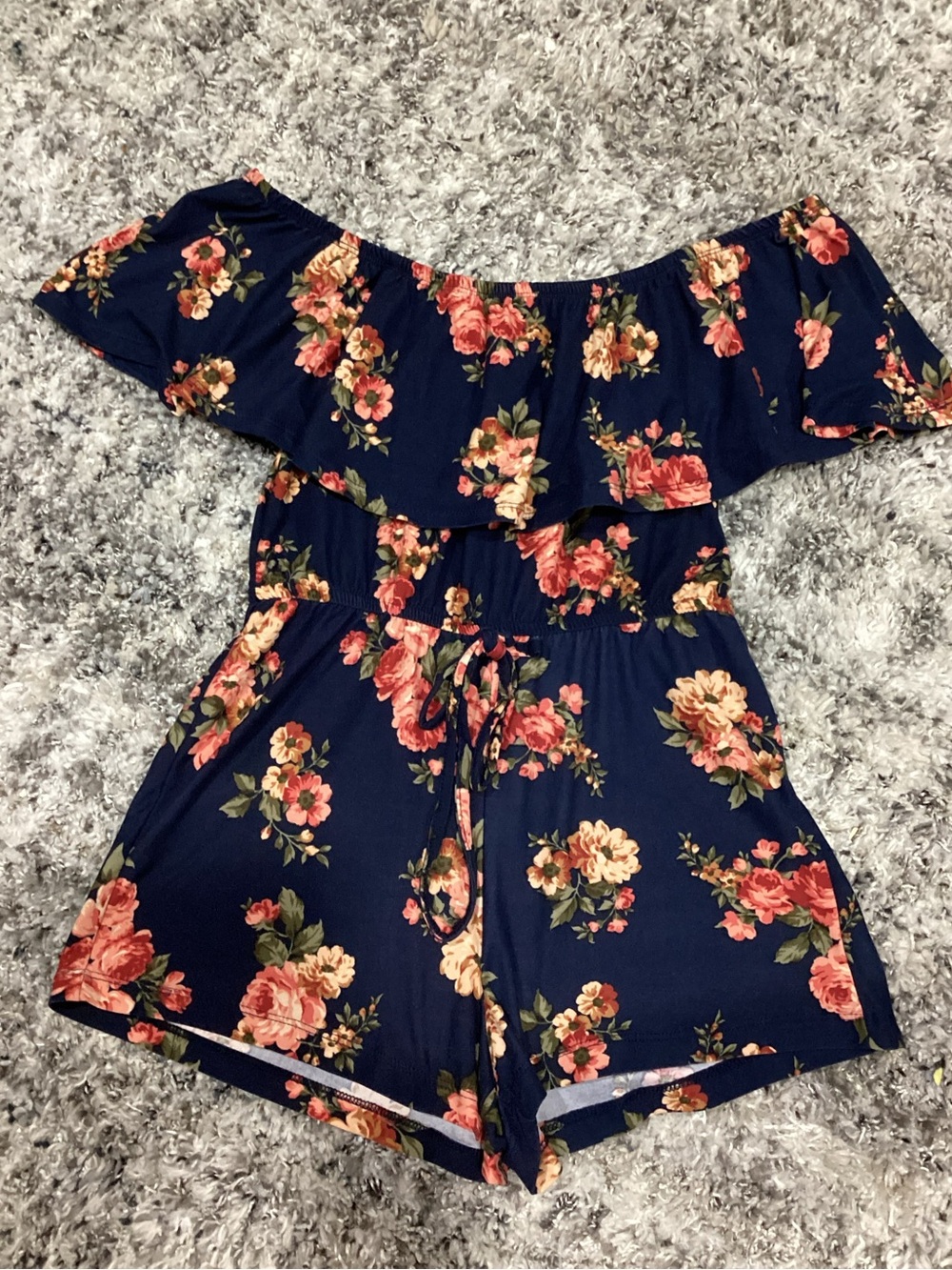 Navy Floral Off-Shoulder Romper with Coral Blossoms